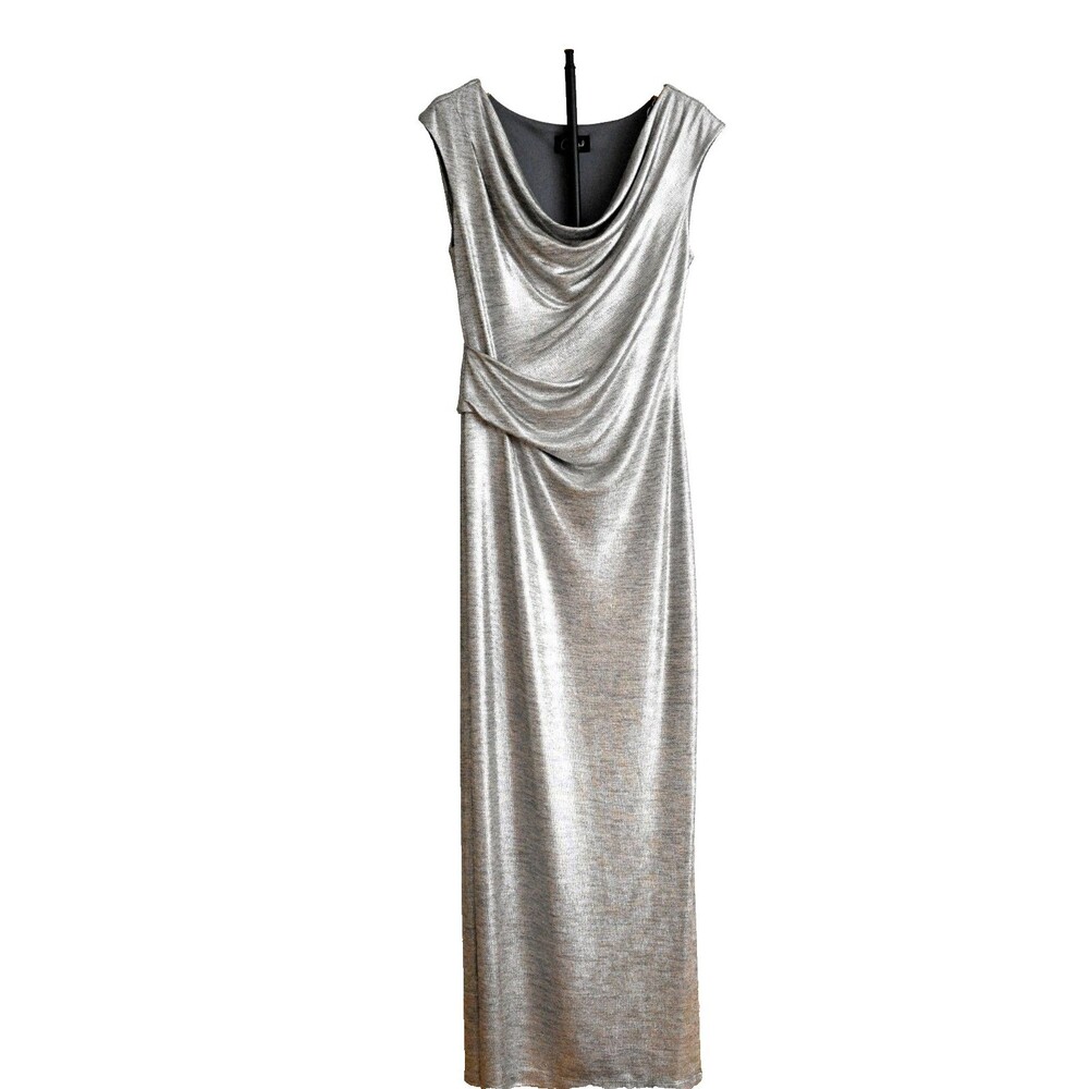 Connected Apparel Silver Metallic Maxi Dress Sleeveless Draped Cowl Neck Size 10